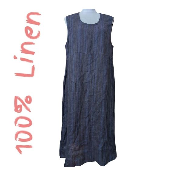 Flax  Navy Black Striped Sleeveless Midi Shift Dress S - Picture 1 of 7